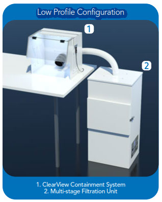 Low profile configuration - down draft air filtration system with clearview containment system