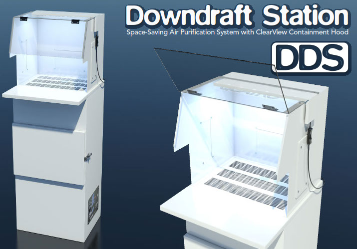 Downdraft Station, space saving air filtration system with clearview containment hood.
